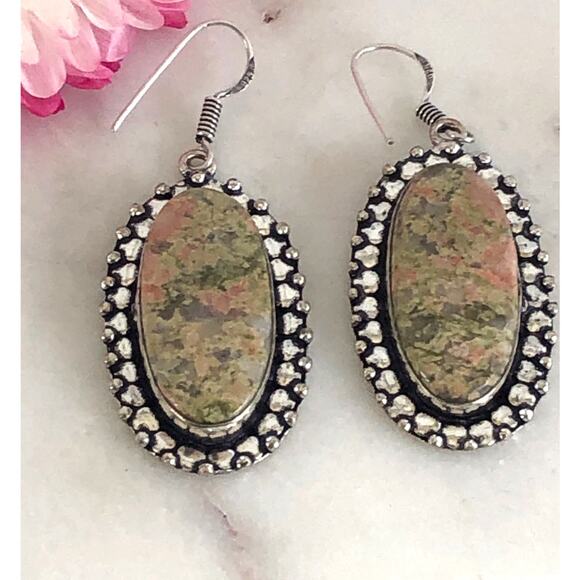 925 Sterling Unakite Dangle Earrings - Picture 2 of 5